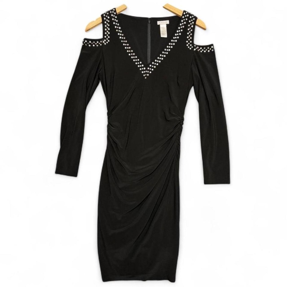 Y2K Cache Dress Womens 6 Black Cold Shoulder Ruched Rhinestone Indie